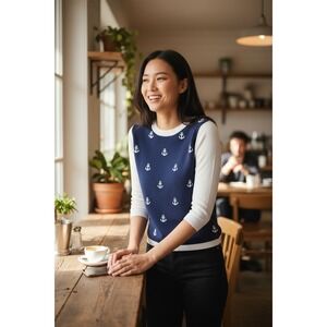 Tommy Hilfiger Women's Navy White Anchor Beach Yacht Knit Sweater Top S Small